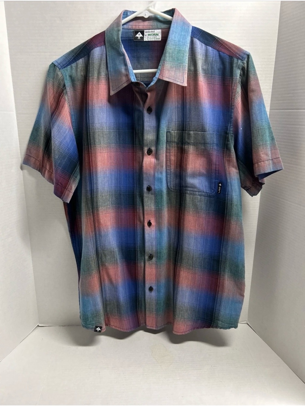 LRG Lifted Research Group Button Down Shirt Mens Medium Blue Plaid Short Sleeve